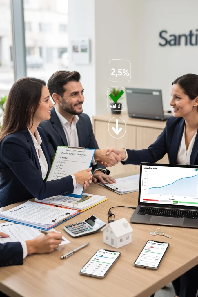 Un couple discute avec une banquière. Celle-ci serre la main du monsieur. Il discutent de la valition d'un taux d'intérêt pour un prêt immo