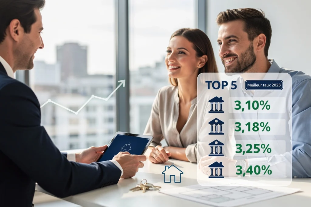 Un couple et un courtier/banquier discutent ensemble au sujet de l'évolution des taux d'intérêts immobiliers